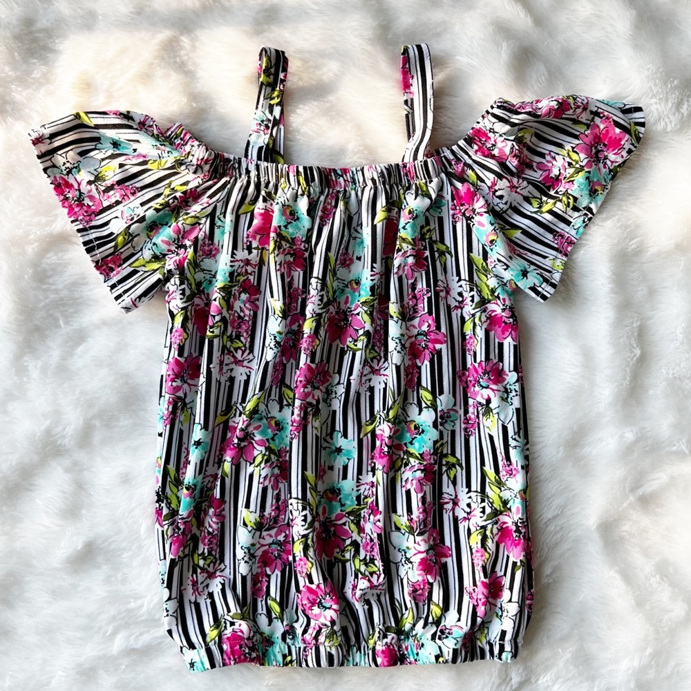 Star Ride Multicolor Floral Striped Cold Shoulder Stretchy Top Girls M 10/12